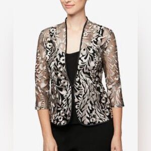 Alex Evenings Embroidered Sheer Jacket Floral Black Gold Size XL NWOT Wedding